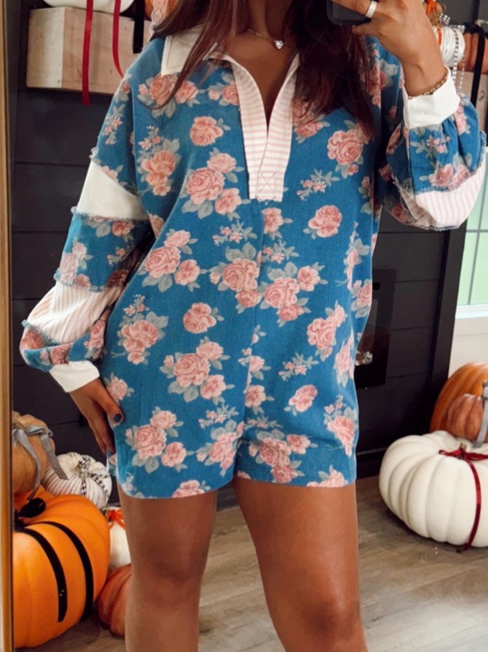 Denim Floral Romper with Pink Roses